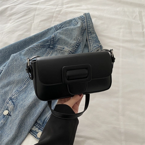Bolso De Hombro Para Mujer Cuero PU Solapa Rectangular Hebilla Cuadrada Grande Moda Elegante Color Sólido Bolso Baguette