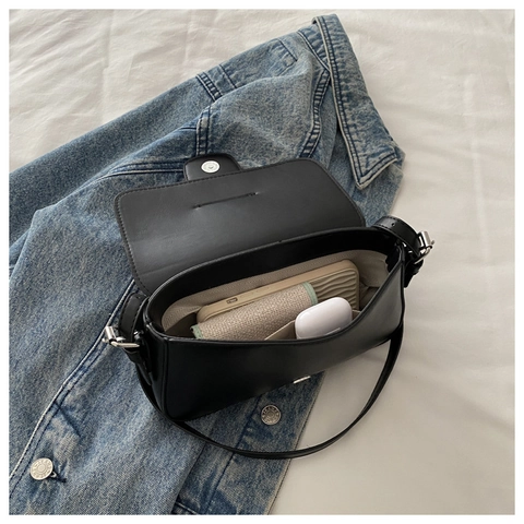 Bolso De Hombro Para Mujer Cuero PU Solapa Rectangular Hebilla Cuadrada Grande Moda Elegante Color Sólido Bolso Baguette