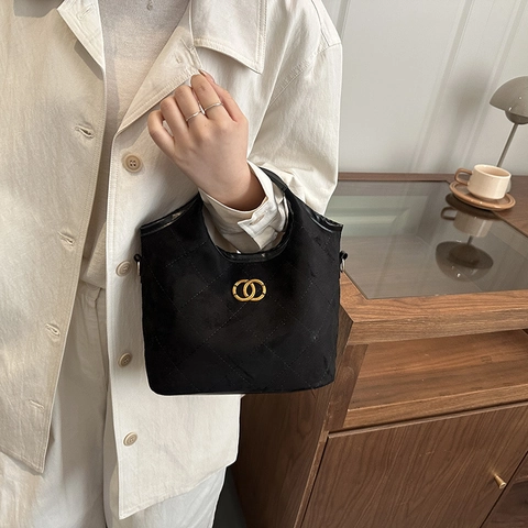 Bolso De Cubo De Gamuza Acolchado Mujeres Bandolera De Hombro Mano Logo Metal Dorado Color Contraste Retro Chic Informal Mini