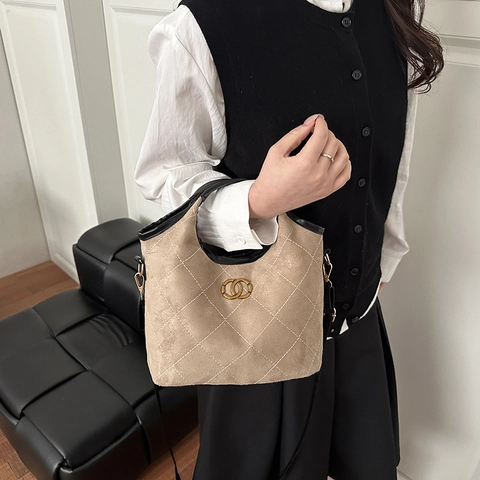 Bolso De Cubo De Gamuza Acolchado Mujeres Bandolera De Hombro Mano Logo Metal Dorado Color Contraste Retro Chic Informal Mini