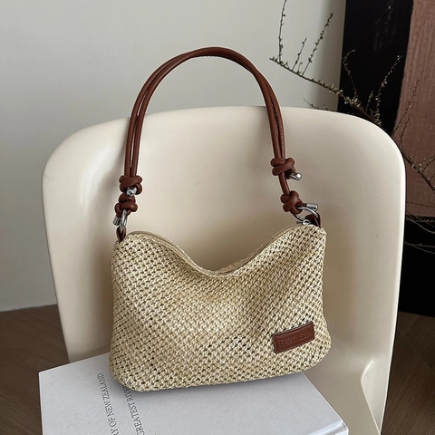 Straw Woven Shoulder Bag Women Summer Beach Hobo Handbag Minimalist Chic Solid Color With Knot Strap Detail