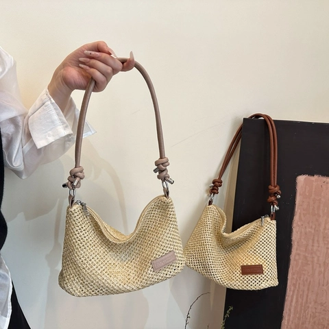 Straw Woven Shoulder Bag Women Summer Beach Hobo Handbag Minimalist Chic Solid Color With Knot Strap Detail
