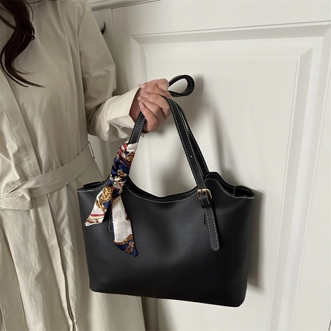 Tote Bag Dames PU Leer Grote Capaciteit Contraststiksels Met Bedrukte Satijnn Sjaal Elegante Retro Schoudertas
