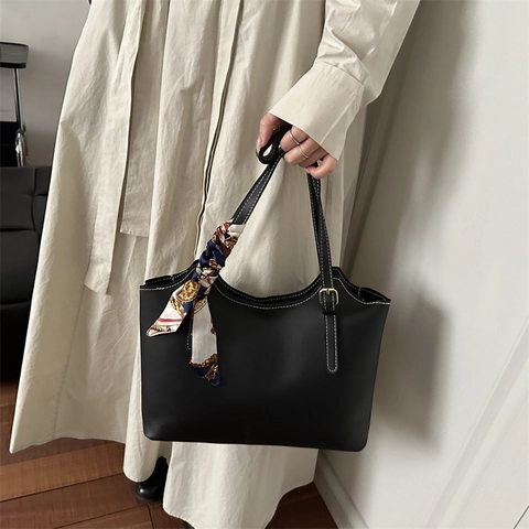 Tote Bag Dames PU Leer Grote Capaciteit Contraststiksels Met Bedrukte Satijnn Sjaal Elegante Retro Schoudertas