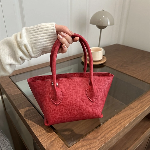 Women Lychee Pattern PU Leather Handbag Crossbody Bag Double Handle Adjustable Strap Minimalist Casual Versatile Tote
