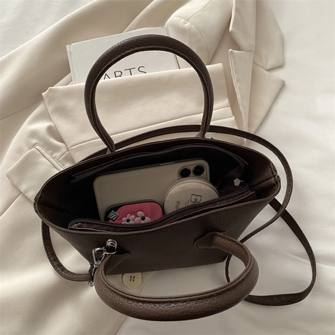 Women Lychee Grain PU Leather Handbag Minimalist Tote Crossbody Bag With Adjustable Strap Casual Commute Fashion