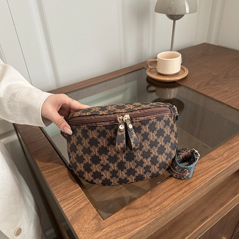 Women Chest Bag Vintage Monogram Waist Bag M Letter Print PU Leather Bohemian Colorful Jacquard Wide Strap Half Moon Pouch
