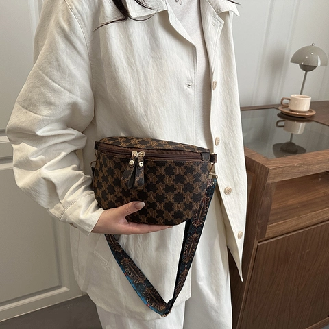Women Chest Bag Vintage Monogram Waist Bag M Letter Print PU Leather Bohemian Colorful Jacquard Wide Strap Half Moon Pouch