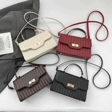 Damen Gewebte PU Leder Umhängetasche Moderne Einfache Handtasche Mit Gold Metallschloss Verstellbarem Schultergurt Alltagstasche