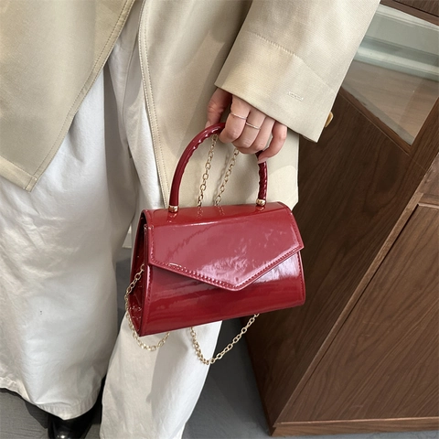 Women Fashion Patent Leather Handbag Small Crossbody Square Bag Gold Chain Strap Korean Style Shiny PU Leather Satchel