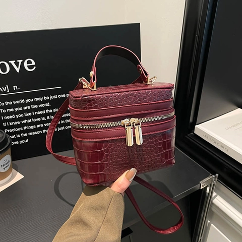 Mujeres Cocodrilo Patrón Caja Bolso PU Cuero Asa Bandolera Doble Cremallera Moda Tendencia Color Sólido Vanidad Caso