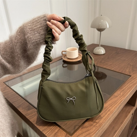 Women Minimalist Nylon Underarm Bag Ruched Handle Shoulder Bag With Silver Bow Chic Half Moon Hobo Purse For Daily Commuting