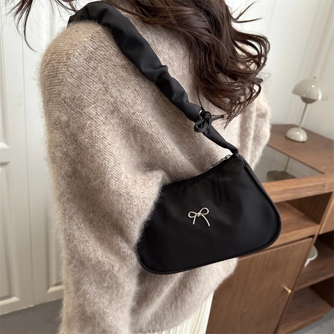 Women Minimalist Nylon Underarm Bag Ruched Handle Shoulder Bag With Silver Bow Chic Half Moon Hobo Purse For Daily Commuting