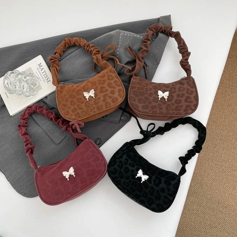 Borsa Sottobraccio Con Stampa Leopardata E Manico Arricciato Finta Pelle Scamosciata Borsa Hobo Fibbia Farfalla Argento Vintage