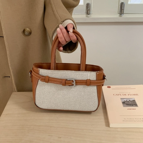 Borsa a Mano Minimalista in Tela e Pelle PU Patchwork per Donna Borsa a Tracolla Vintage Colore a Contrasto Piccola Borsa Tote Con Tracolla Regolabile