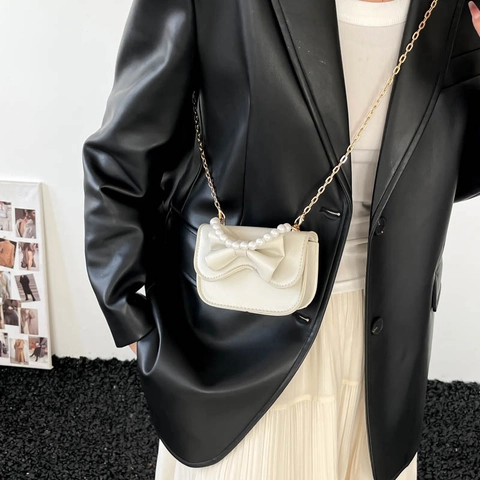 Mini Sac à Bandoulière Pour Femmes Nœud en Künstliche Perles Sac à Main Élégant en Similicuir Avec Chaîne Dorée Pour Fête