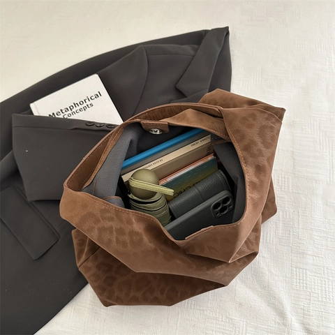 Retro Luipaardprint Tote Bag Grote Capaciteit Corduroy Schoudertas Voor Dames Casual Commuter Hobo Handtas