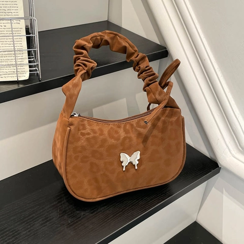Borsa Sottobraccio alla Moda con Stampa Leopardata per Donna Retro in Pelle PU Borsa a Spalla con Fibbia a Farfalla Tracolla Arricciata