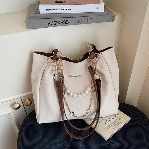 Bolso Tote De Gran Capacidad Cuero PU Elegante Bolso De Hombro Para Mujer Moda Con Cadena De Perlas Artificiales