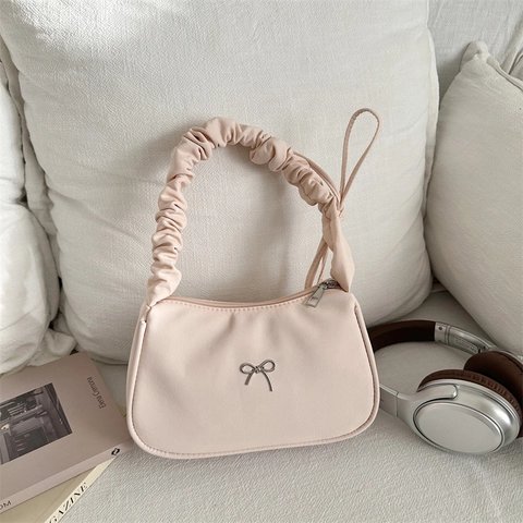 Women Ruched Handle Bow Decor PU Leather Underarm Bag Fashion Solid Color Shoulder Bag Versatile Minimalist Square Handbag