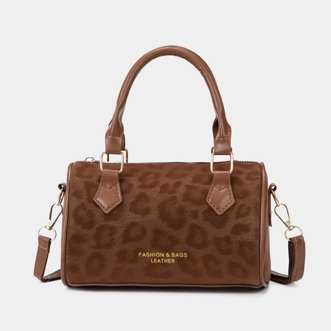 Women Leopard Print Boston Shoulder Bag Suede Crossbody Barrel Bag Fashion Vintage Korean Style Handbag Commuter Travel Bag