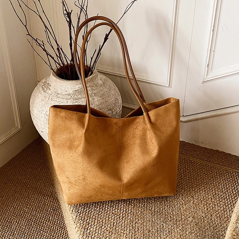 Borsa Tote Vintage In Pelle PU Texture Scamosciata Grande Capacità Borsa A Spalla Minimalista Per Donna Retro Casual