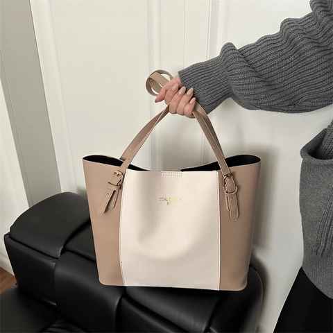 Bolso Tote De Gran Capacidad Cuero PU Patchwork Elegante Bolso De Hombro Para Viajes Diarios Color De Contraste Minimalista