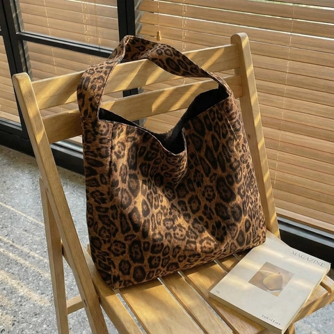 Leopard Print Tote Handbag Large Capacity PU Suede Shoulder Bag Wide Strap Vintage Casual Street Fashion Women