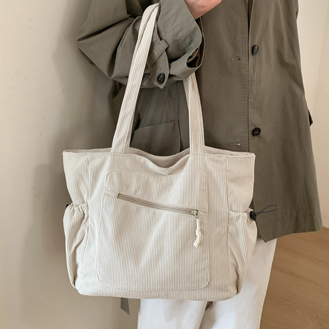 Große Kapazität Cord-Tote-Tasche Für Damen Retro Lässige Schulterhandtasche Mit Bärenanhänger Mehrere Taschen Reißverschluss