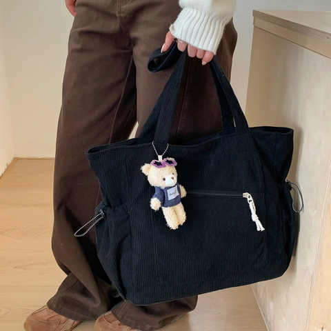 Große Kapazität Cord-Tote-Tasche Für Damen Retro Lässige Schulterhandtasche Mit Bärenanhänger Mehrere Taschen Reißverschluss