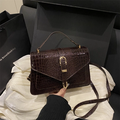 Borsa A Tracolla Da Donna In Pelle PU Con Motivo Coccodrillo Borsa A Mano Retro Fibbia Dorata Borsa A Spalla Versatile