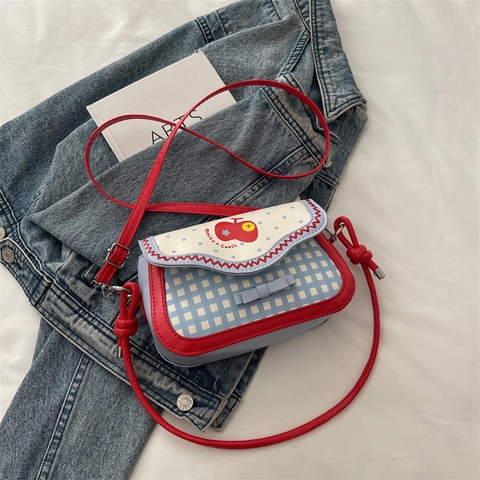 Women Crossbody Small Square Bag PU Leather Patchwork Checkered Polka Dot Bow Decor Cute Sweet Style Girly Daily Wear