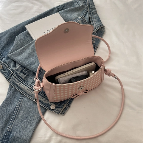 Women Crossbody Small Square Bag PU Leather Patchwork Checkered Polka Dot Bow Decor Cute Sweet Style Girly Daily Wear