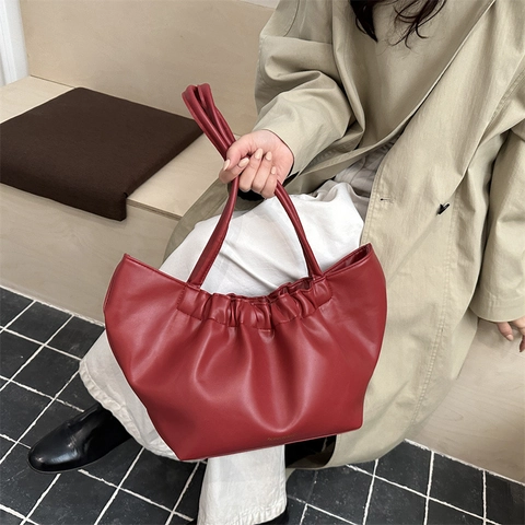 Bolso De Hombro Plisado De Cuero PU Para Mujer Gran Capacidad Color Sólido Casual Moda Bolso Bandolera