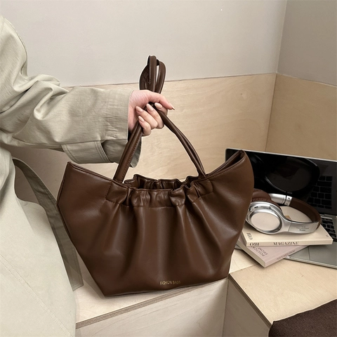 Bolso De Hombro Plisado De Cuero PU Para Mujer Gran Capacidad Color Sólido Casual Moda Bolso Bandolera