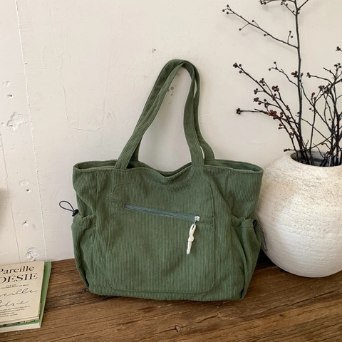 Bolso Tote de Pana de Gran Capacidad para Mujer Bolso de Hombro Minimalista de Color Sólido Bolso Shopper Casual Decorado