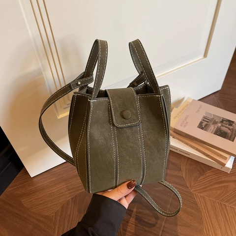 Bolso Cubo Retro Para Mujer Cuero PU Mate Con Costuras En Contraste Bolso De Mano Minimalista Correa Ajustable Verde