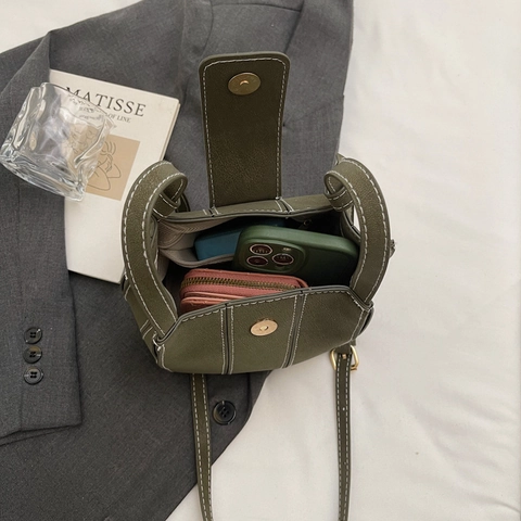 Bolso Cubo Retro Para Mujer Cuero PU Mate Con Costuras En Contraste Bolso De Mano Minimalista Correa Ajustable Verde