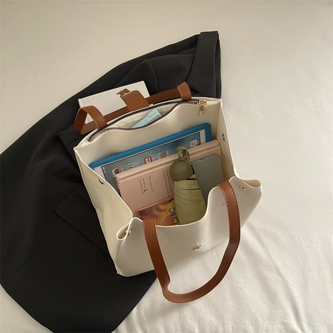 Bolso Tote Para Mujer Cuero PU Gran Capacidad Color Sólido Hebilla Metal Ovalada Moda Bolso De Hombro De Mano