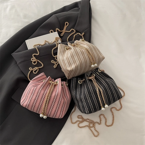 Modische Gewebte Tweed Mini Beuteltasche Damen Künstliche Perle Kordelzug Goldkette Herringbone Umhängetasche Schultertasche