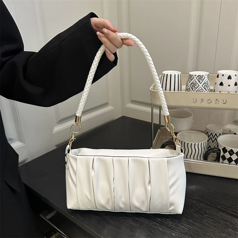 Borsa A Spalla Arricciata Da Donna Borsa Sottobraccio In Pelle PU Borsa Baguette Con Tracolla Intrecciata Oro Elegante