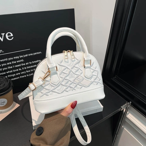 Retro Muschel Handtasche PU Leder Geprägte Stickerei Kuppel Umhängetasche Mit Verstellbarem Riemen Doppelreißverschluss