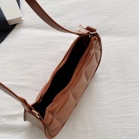 Rhombic Quilted Underarm Shoulder Bag Women PU Leather Geometric Retro Fashion Handbag Zipper Closure