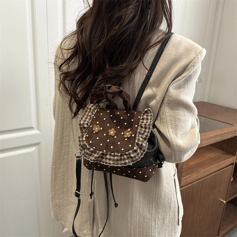 Zaino Donna a Pois Carino Tela Pelle PU Plaid Volant Fiori 3D Stile Coreano Pastorale Retro Piccolo Zainetto Scuola Viaggio Daypack
