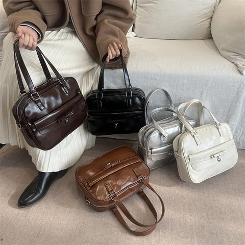 Britische Retro PU-Leder Handheld Bowlingtasche Für Damen Mode Schleife Herz Achseltasche Große Kapazität Schultertasche