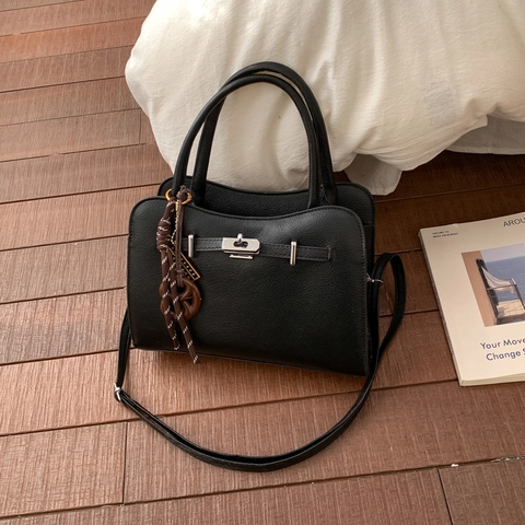 Minimalist Retro Kelly Style Handbag Women Lychee Grain PU Leather Shoulder Bag Silver Lock Adjustable Strap