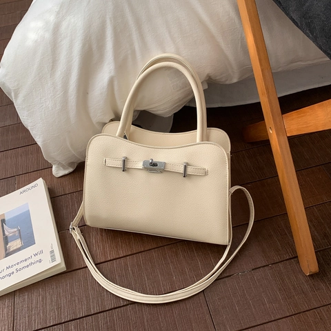 Minimalist Retro Kelly Style Handbag Women Lychee Grain PU Leather Shoulder Bag Silver Lock Adjustable Strap