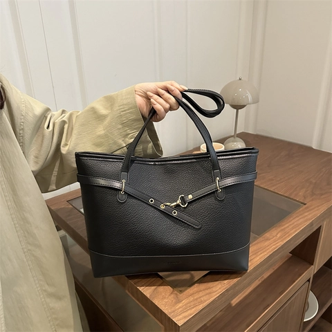 Borsa Tote Grande Donna Texture Lychee Pelle PU Cinturino Decorativo Fibbia Oro Ufficio Moda Spalla Mano