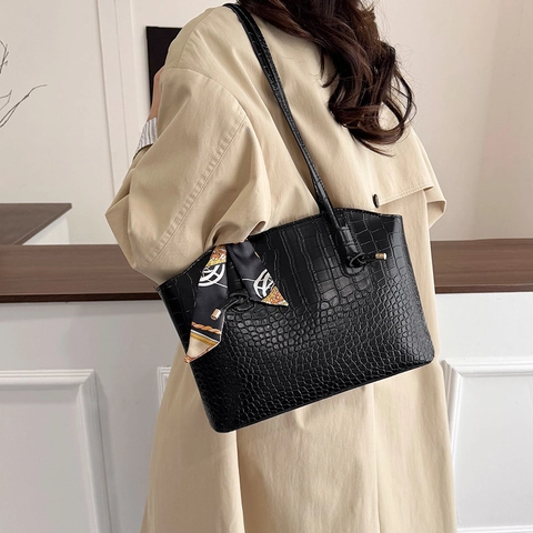 Crocodile Embossed PU Leather Tote Handbag Large Capacity Shoulder Bag With Decorative Satin Scarf Elegant For Women