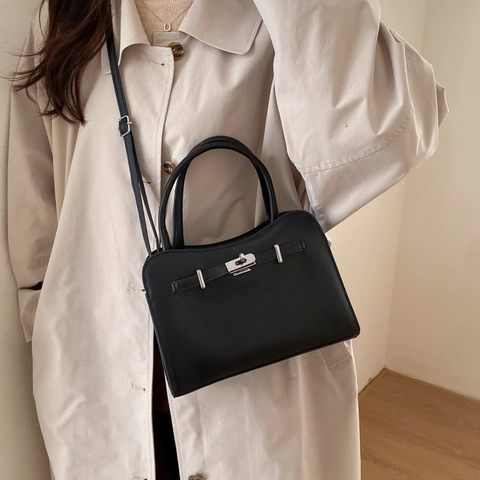 Sac À Main Pour Femme En Cuir PU À Motif Litchi Sac À Épaule Rétro Minimaliste Et Sac Bandoulière Avec Serrure En Métal